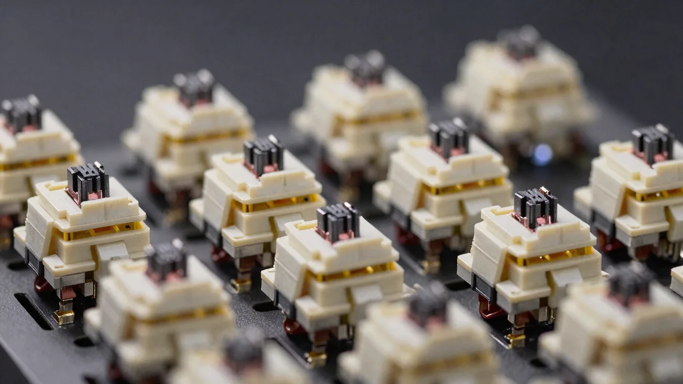 Close-up macro of mechanical keyboard switches with subtle yellow lighting, dark background, sharp focus