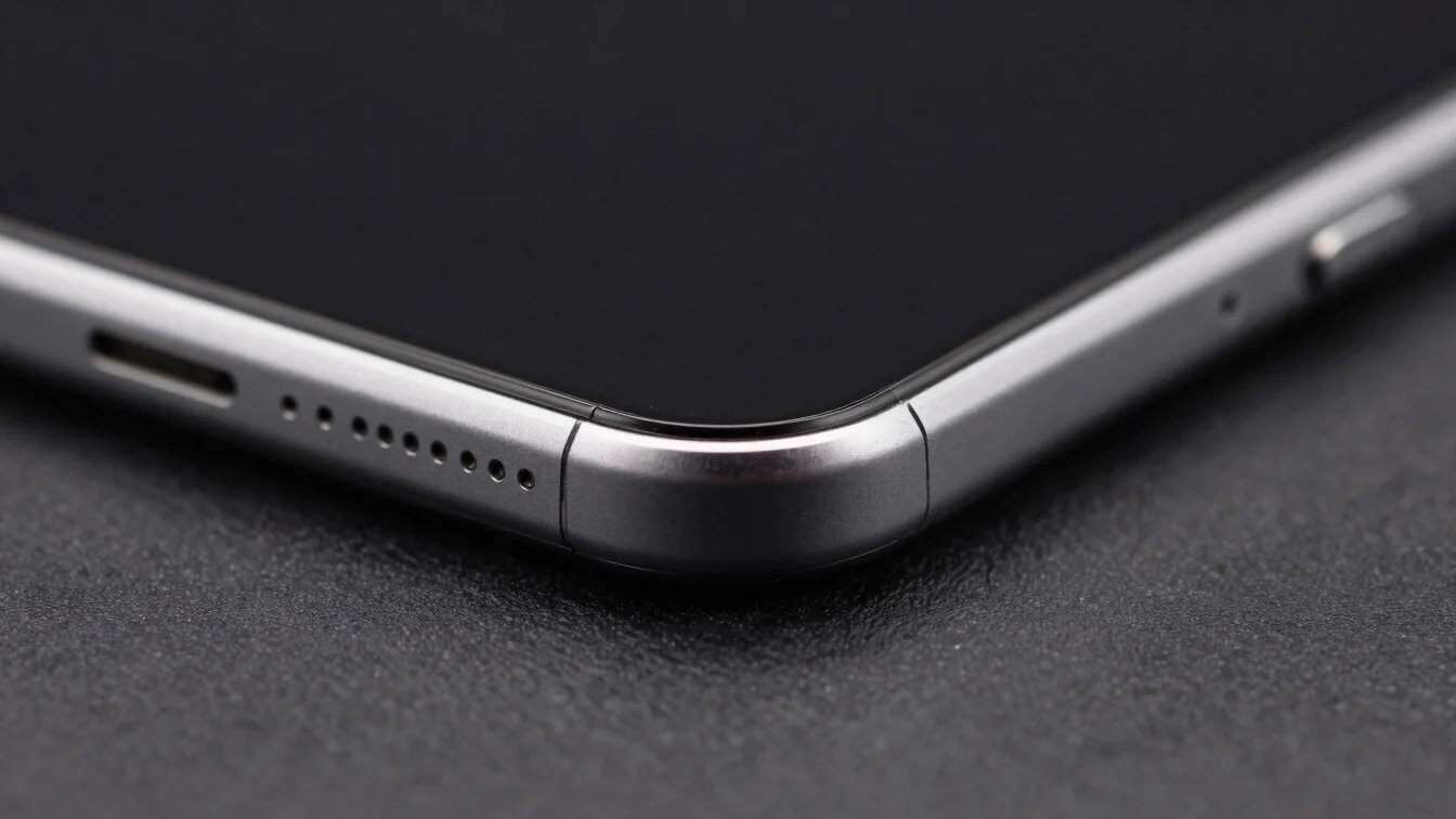 Close-up macro of a smartphone edge on dark studio surface, crisp textures, sharp accent lighting