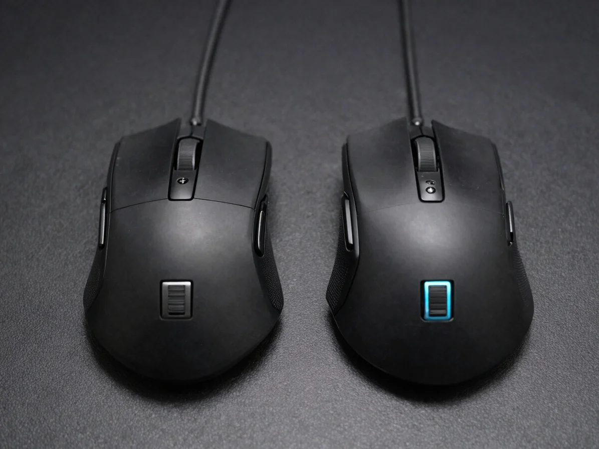Macro photography of two high-end gaming mice side by side on a d