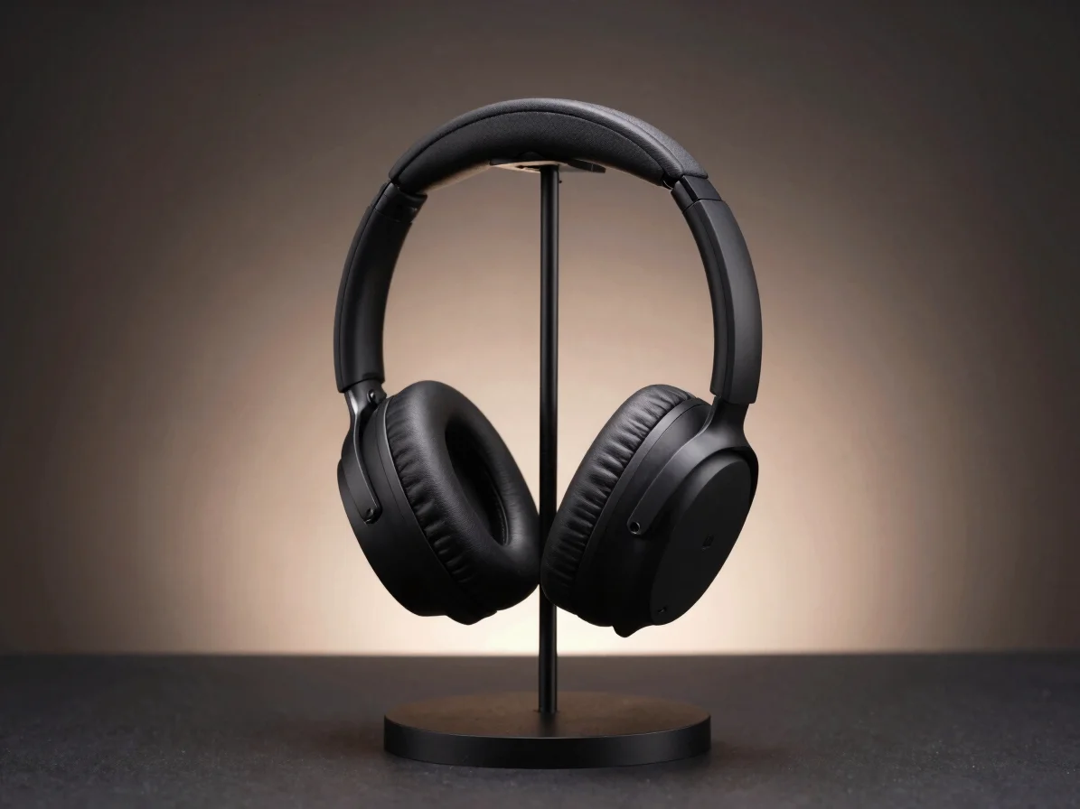 Professional studio shot of wireless over-ear headphones on a dar