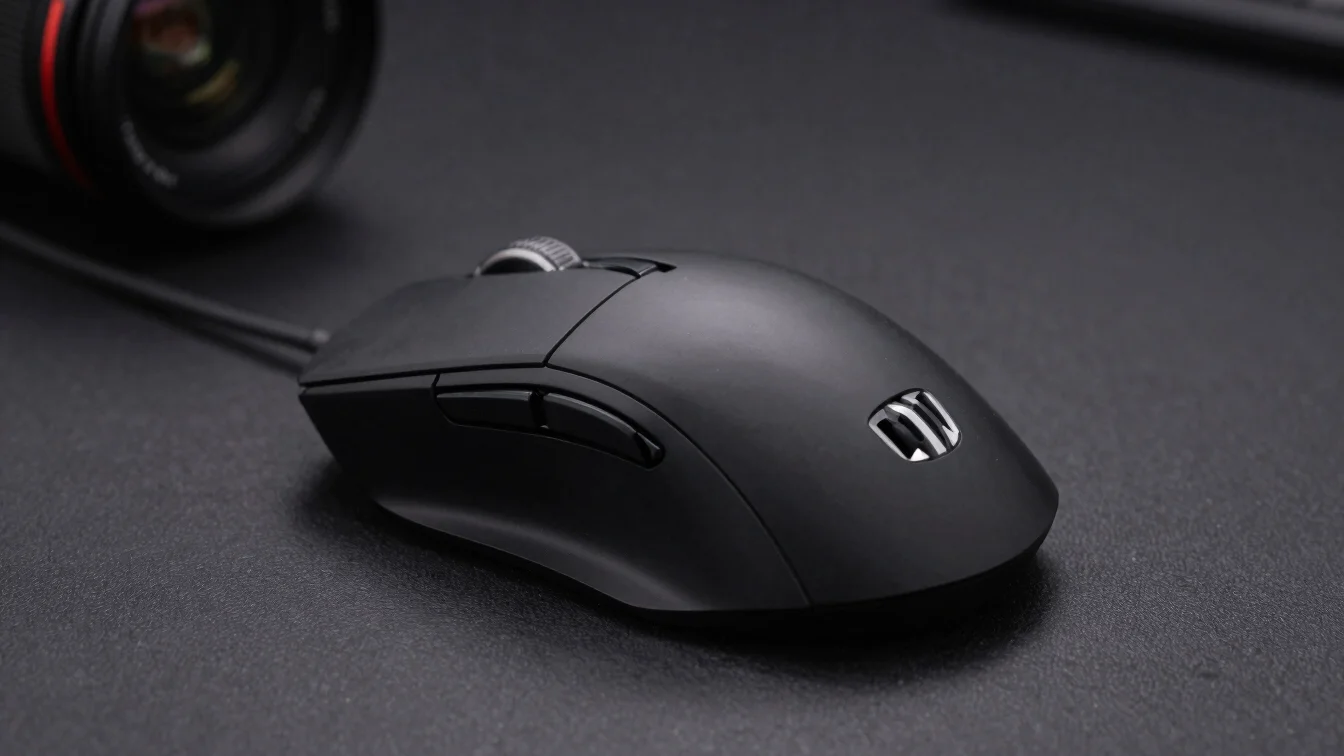 crisp tech product photography of a matte black gaming mouse on a